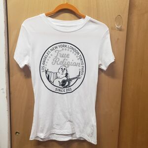 True Religion White "World Tour" graphic T-shirt w iconic Buddha logo Sz S JJJ